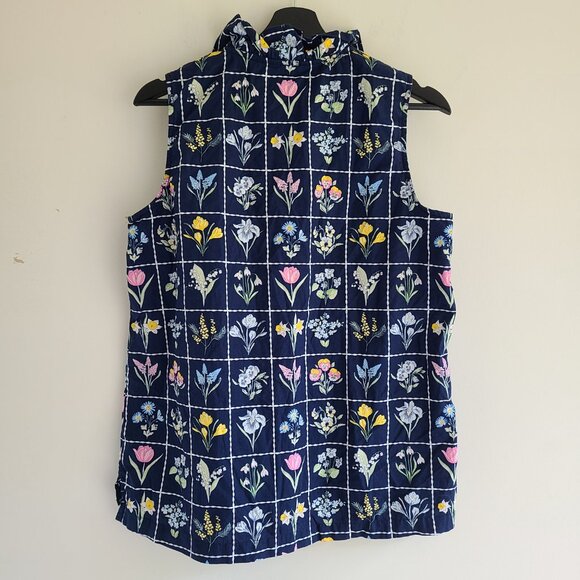 Crown & Ivy Sleeveless Top L Blue Floral 100% Cotton Preppy Ruffle Neck Casual - Picture 3 of 8